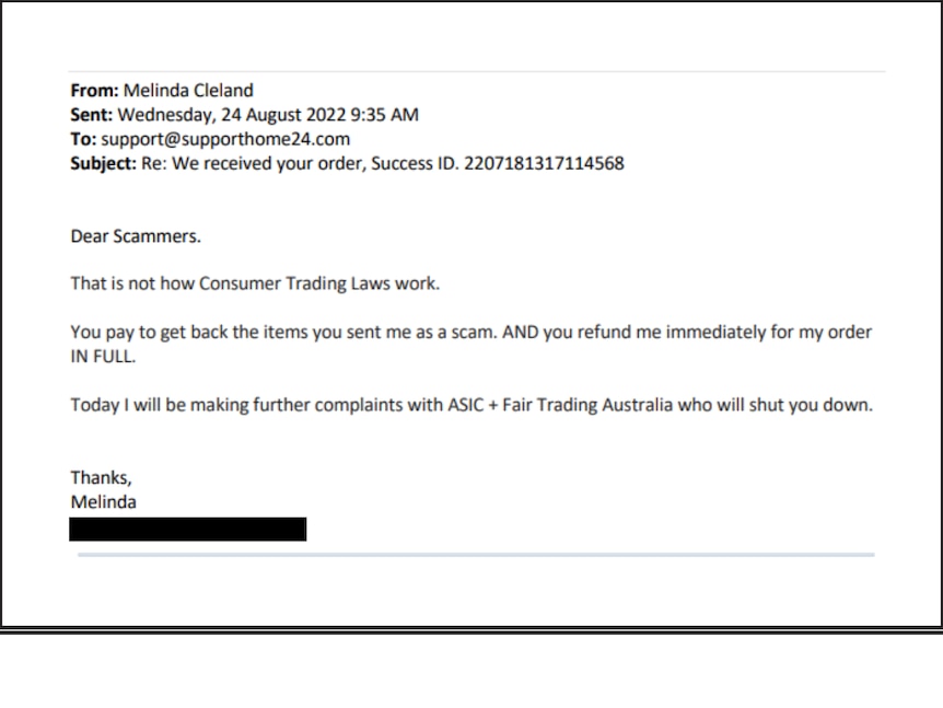 A screenshot of an email exchange to a scam company