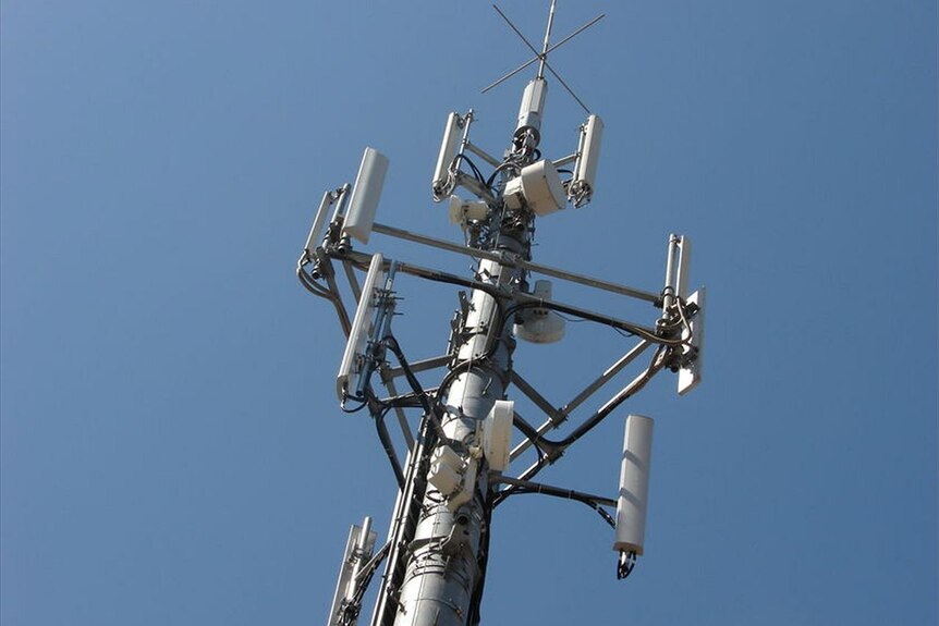 A mobile phone tower with blue sky visible in the background.