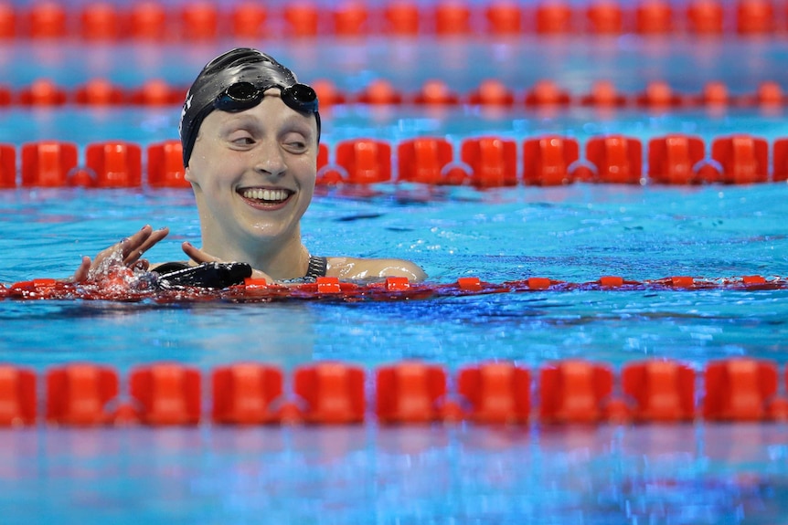 Katie Ledecky in pool after winning gold in Rio Olympic Games