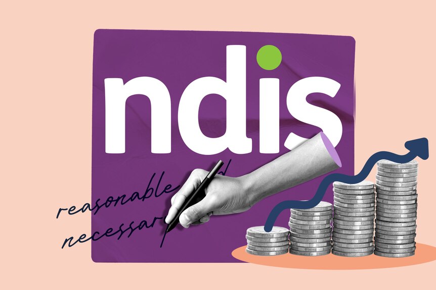 An NDIS logo on a peach-coloured background. A hand is writing the words "reasonable and neccessary" next to a stack of coins