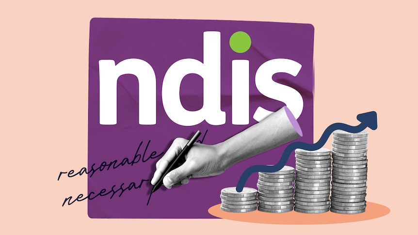 An NDIS logo on a peach-coloured background. A hand is writing the words "reasonable and neccessary" next to a stack of coins