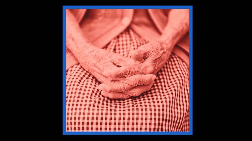 black background with red and black stylized photo of older woman with hands in lap.