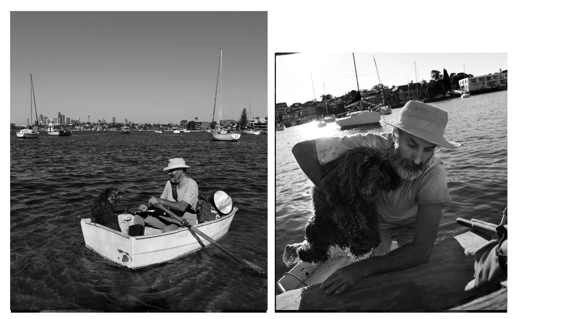A collage of two pictures of a man and a dog on a dinghy 