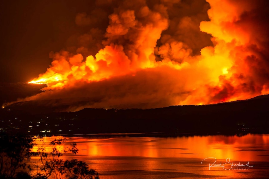 Fires burn across a mountainside at night.