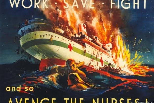 an historic wartime poster depicting a burning sinking hospital ship that says 'avenge the nurses'