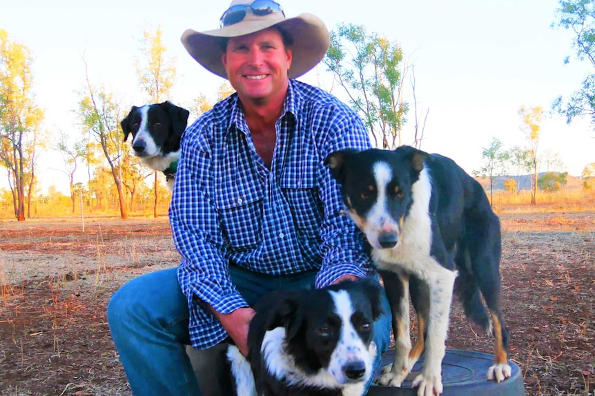 A smiling farmer kneels down with three border collie working dogs around him.