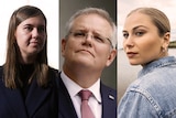 Side by side photos of Brittany Higgins, Scott Morrison and Grace Tame