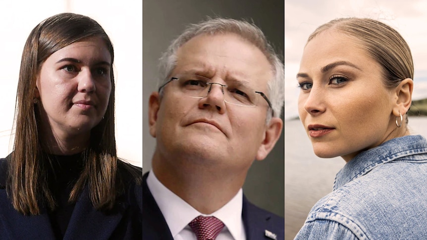 Side by side photos of Brittany Higgins, Scott Morrison and Grace Tame
