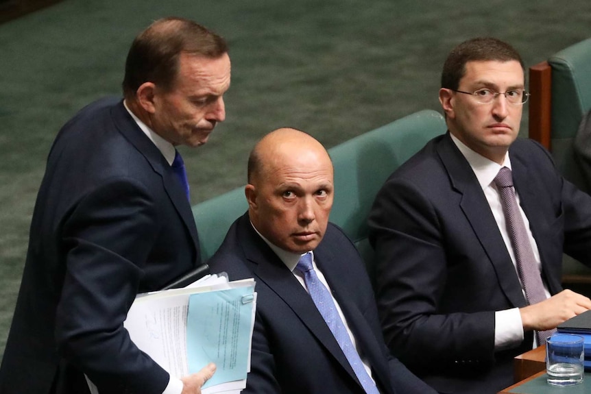 Peter Dutton and Julian Leeser look up at Tony Abbott as he walks past