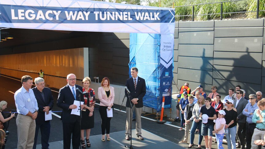Queensland senator and Australian Attorney-General George Brandis gives a speech during the opening of Legacy Way