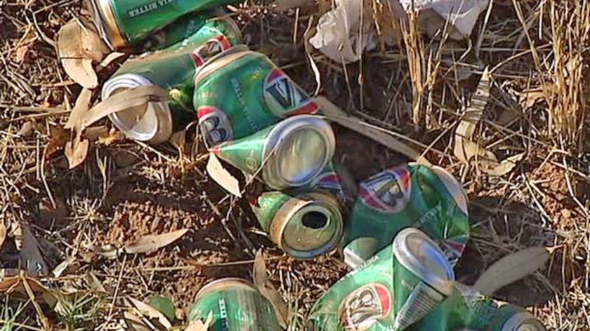 Empty beer cans litter the ground.