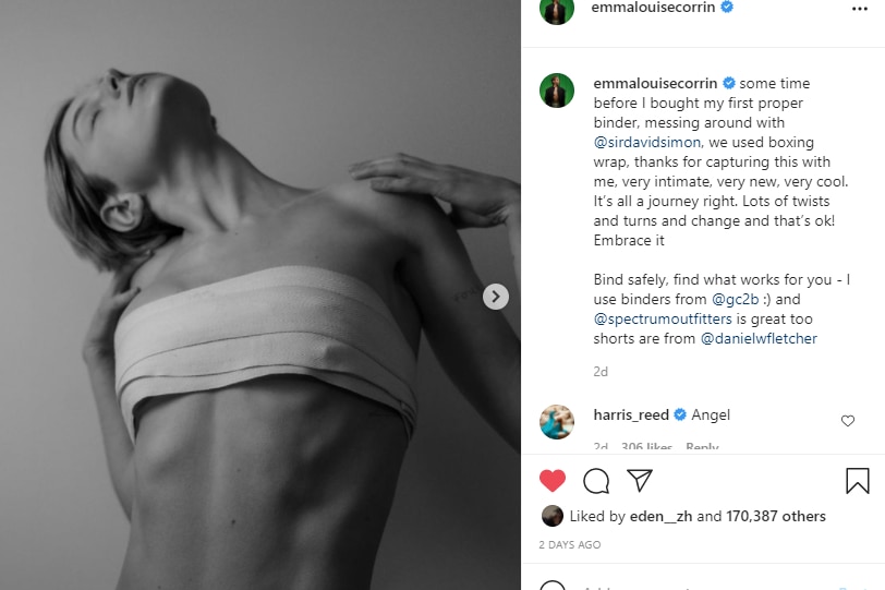 A screenshot of Emma Corrin's Instagram post photo black and white with boxing wrap wound around their chest 