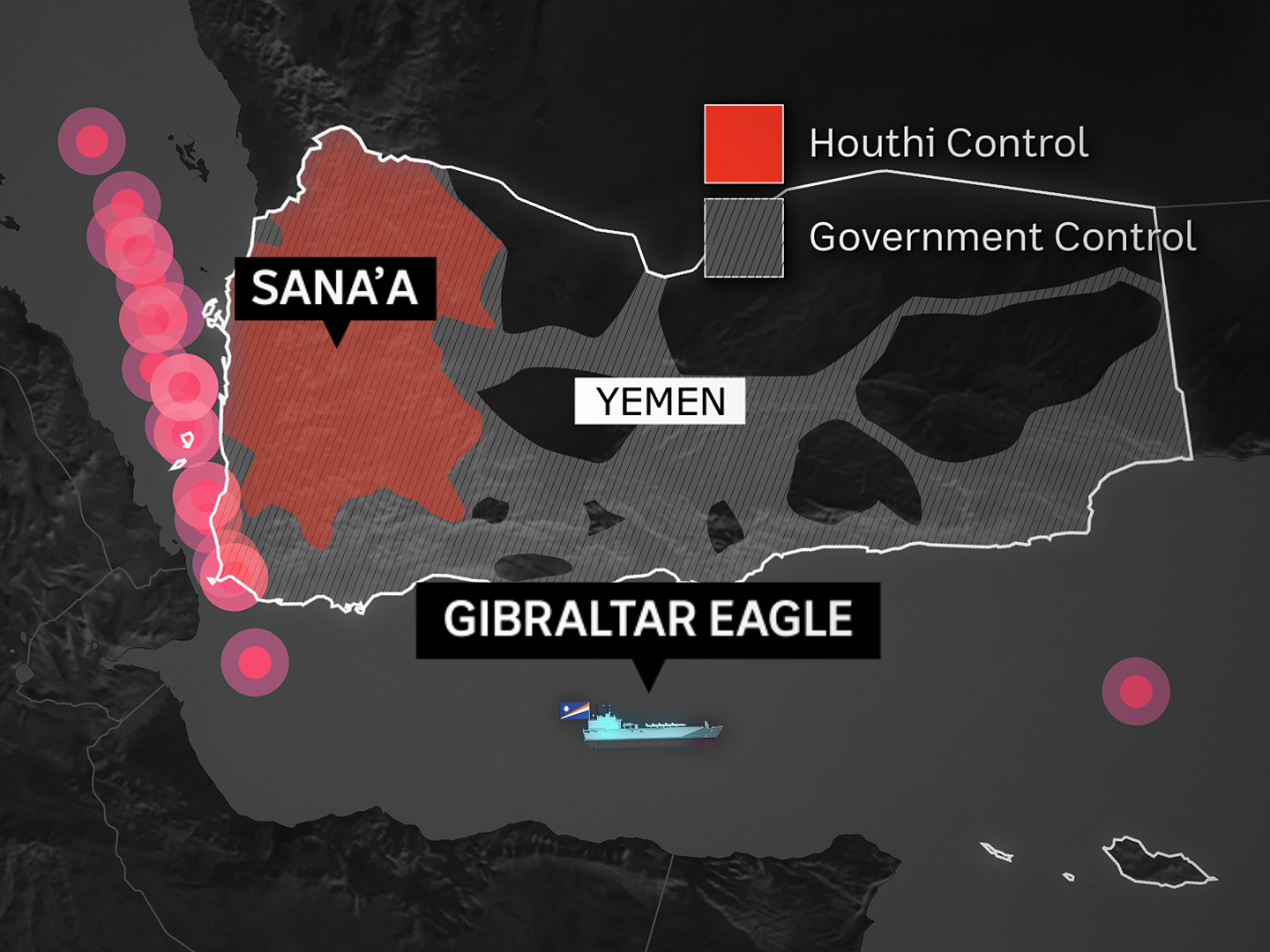A graphic showing Yemen, the are of Houthi control and attacks on ships, and the Gibraltar Eagle.