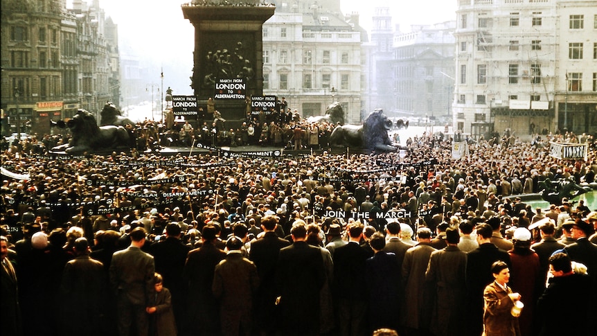 A colour image of a nuclear weapon protest in Trafalgar Square, 1958.