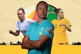 An artwork showing three photos of an Australian athlete