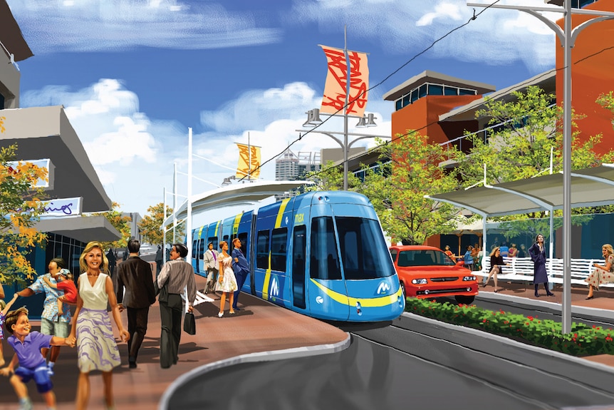 An artist's impression of light rail on a city street.