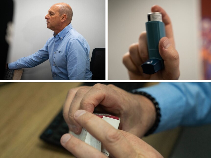 composite of three photos, one of a man sitting at a desk, a hand holding an asthma puffer, and a pair of hands opening a box
