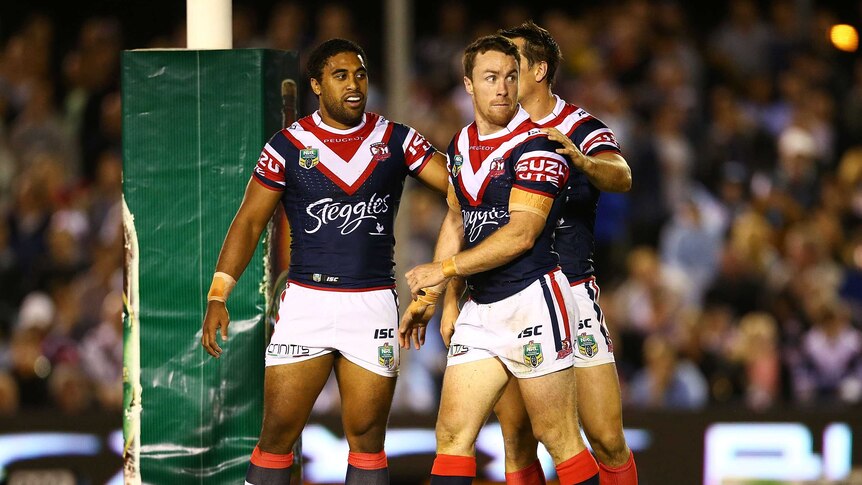 James Maloney congratulated after scoring against the Sharks