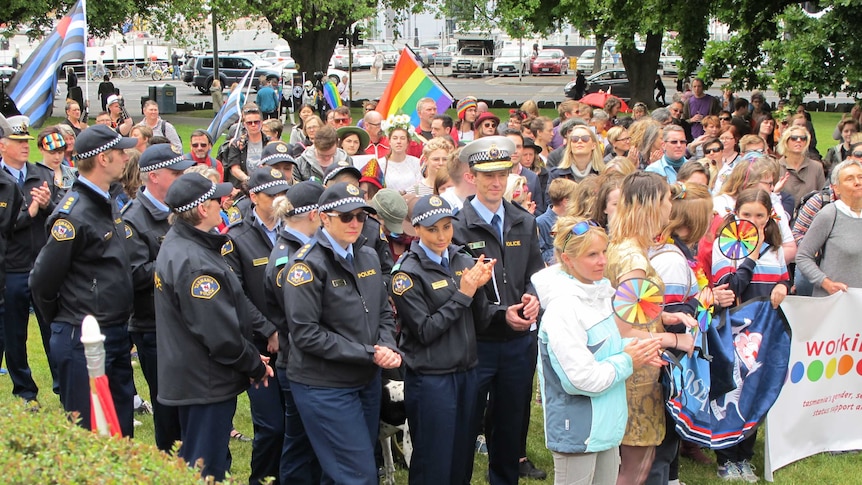 Tasmania Police join in the 2015 TasPride march supporting the state's gay and lesbian community.