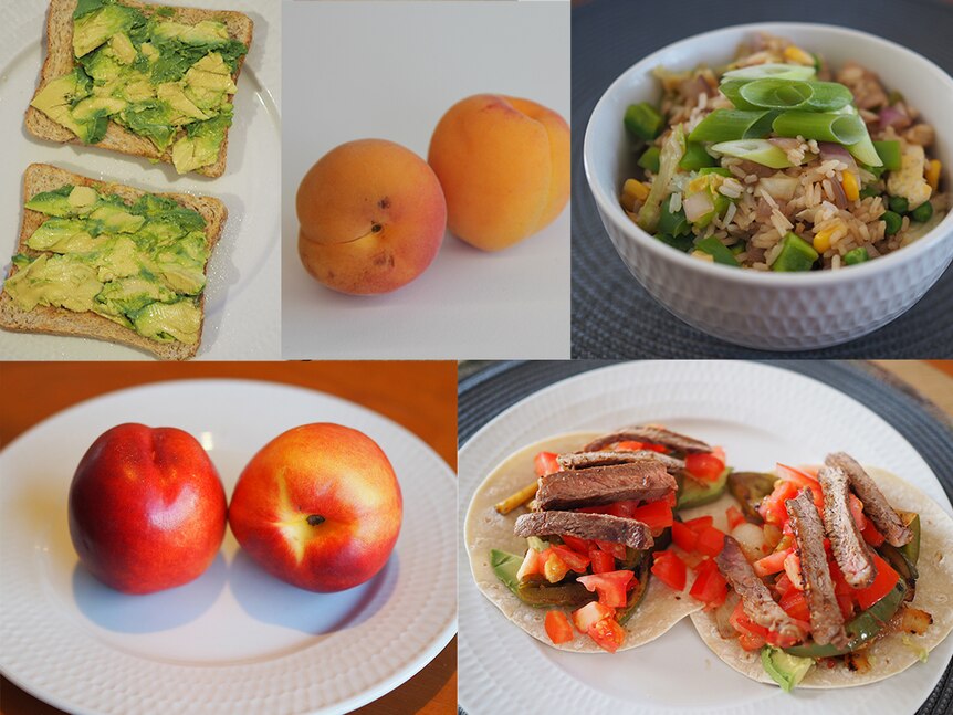 Avocado on toast, fried rice, two small nectarines, two apricots and beef fajitas.