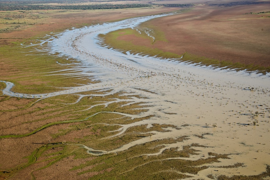 Aerial shot of the Channel Country floodplain during the flood
