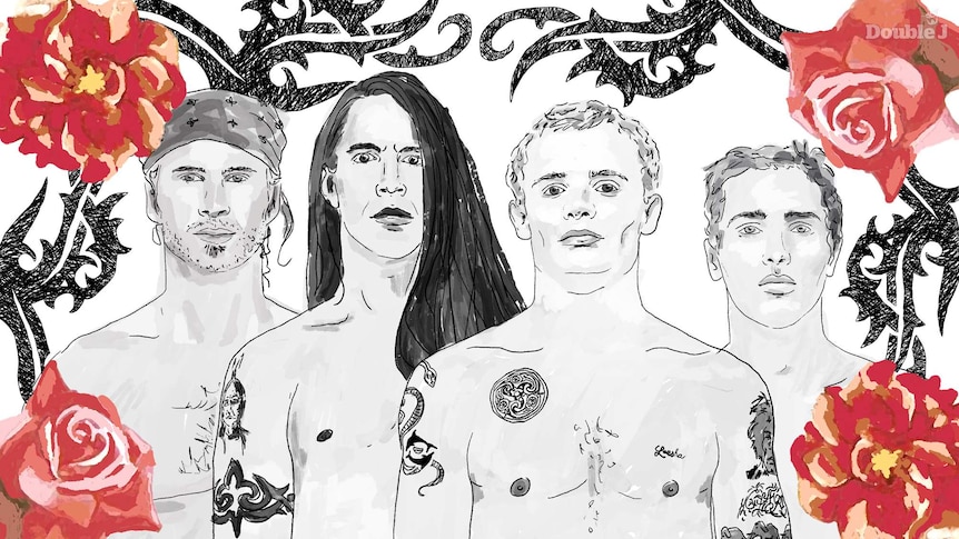 An illustration of the members of L.A. rock band Red Hot Chili Peppers and the Blood Sugar Sex Magik album artwork