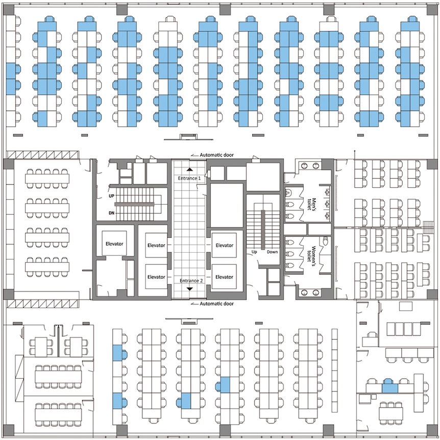 A seating plan with blue seats showing people with COVID