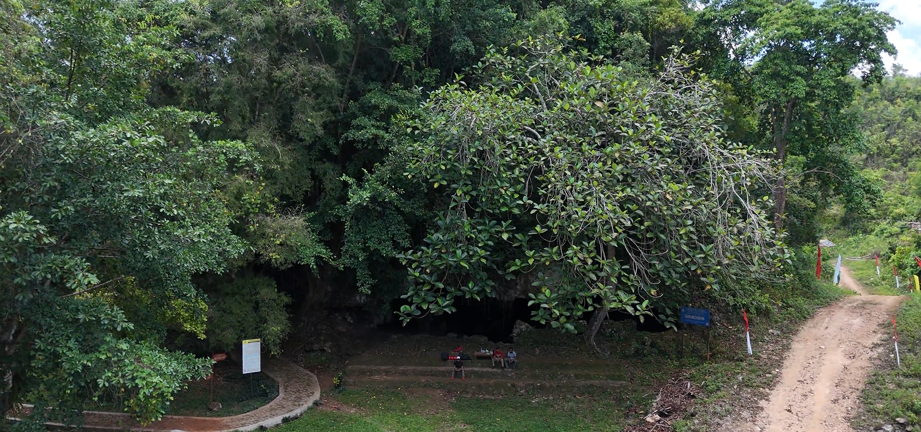 A small cave, surrounded by trees and a road.