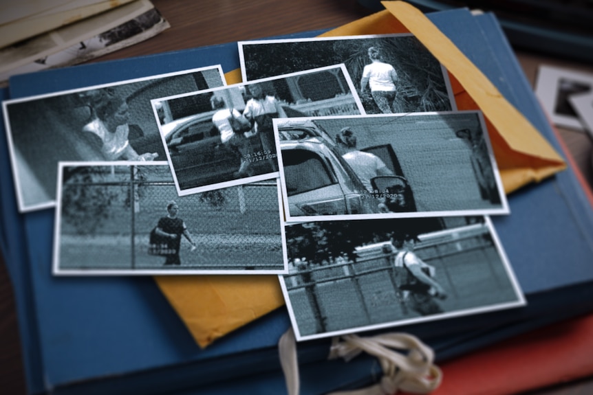 A graphic showing surveillance photos of a woman scattered on a desk.