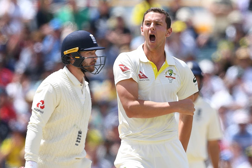 Australian bowler Josh Hazlewood reacts after dismissing England batsman Mark Stoneman.
