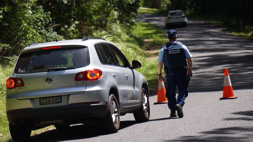 police standing guard next to a silver car on a suburban street