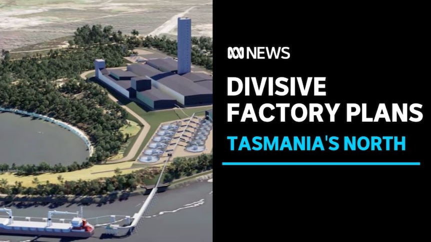 Divisive factory plans, Tasmania's North: Aerial shot of an artist's rendering of buildings and a tower. 