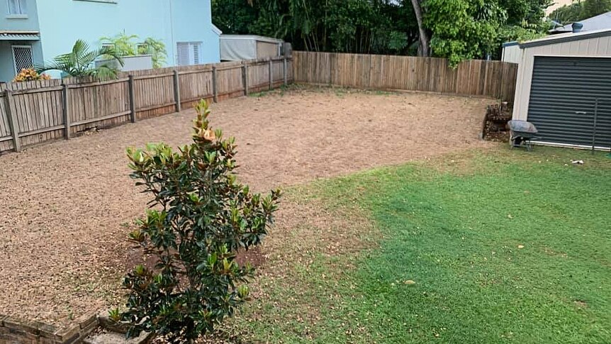 A backyard showing half that is brown and half that is green.