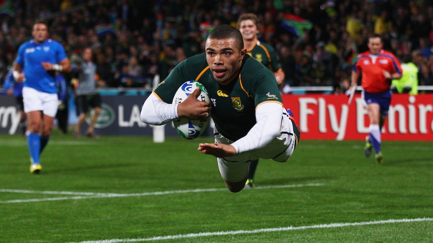 Bryan Habana goes over to score the Springboks' second of twelve tries against Namibia.