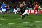 Flying high ... Bryan Habana celebrated his return to the Springboks side with a super try.