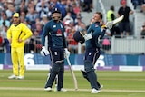 England's Jason Roy celebrates with Jonny Bairstow after reaching an ODI century against Australia.
