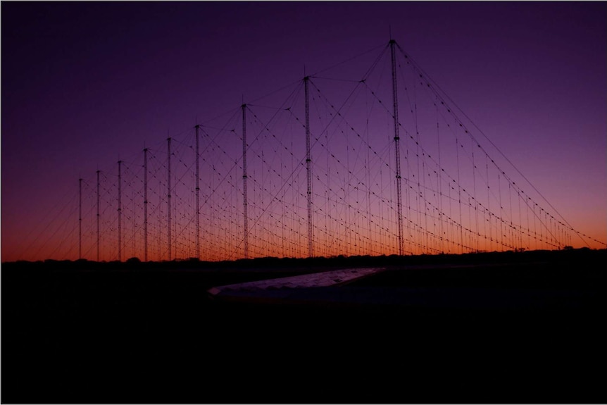 A transmitter site at sunset.