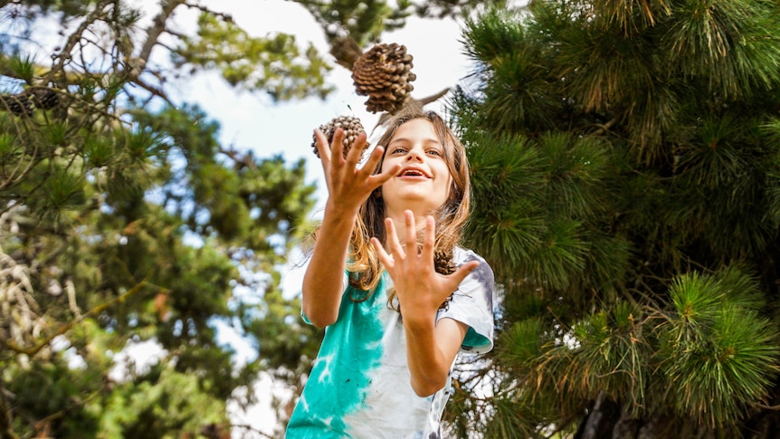 A boy with long hair wearing a tye die shirt juggles three pine cones laughing.