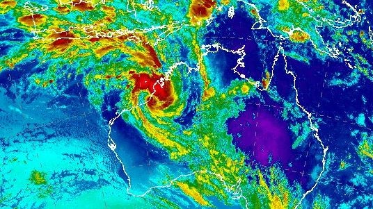 A map with a big intense swirl of colour right on the edge of northern Western Australia's coast, showing cyclone Hilda.