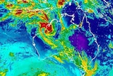 A map with a big intense swirl of colour right on the edge of northern Western Australia's coast, showing cyclone Hilda.