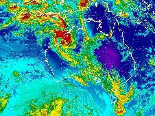 A map with a big intense swirl of colour right on the edge of northern Western Australia's coast, showing cyclone Hilda.