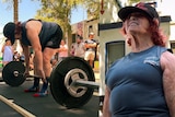 A composite image: on the left is an older woman bent over some weights. On the right is a close up of her face, straining.