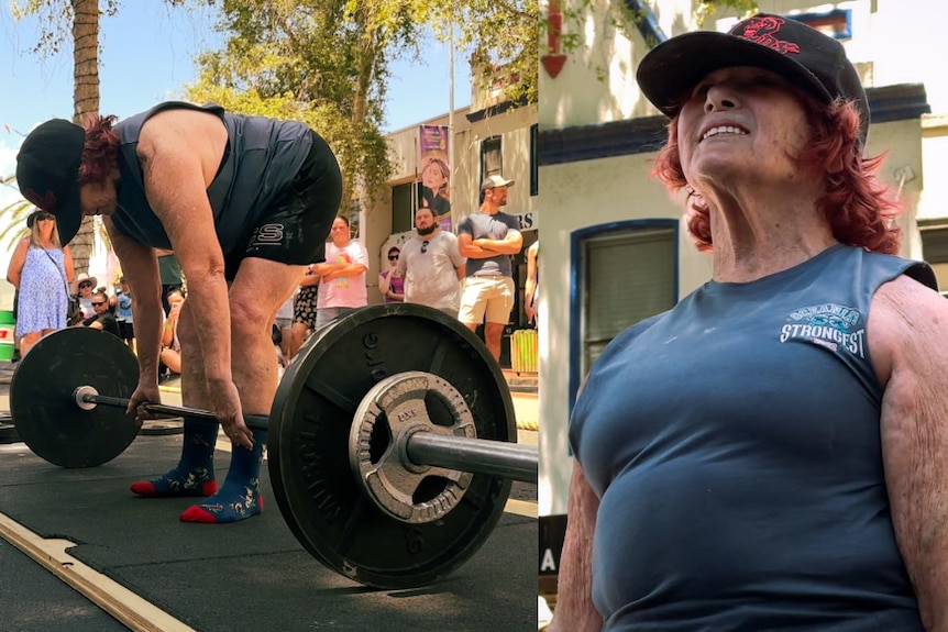 A composite image: on the left is an older woman bent over some weights. On the right is a close up of her face, straining.
