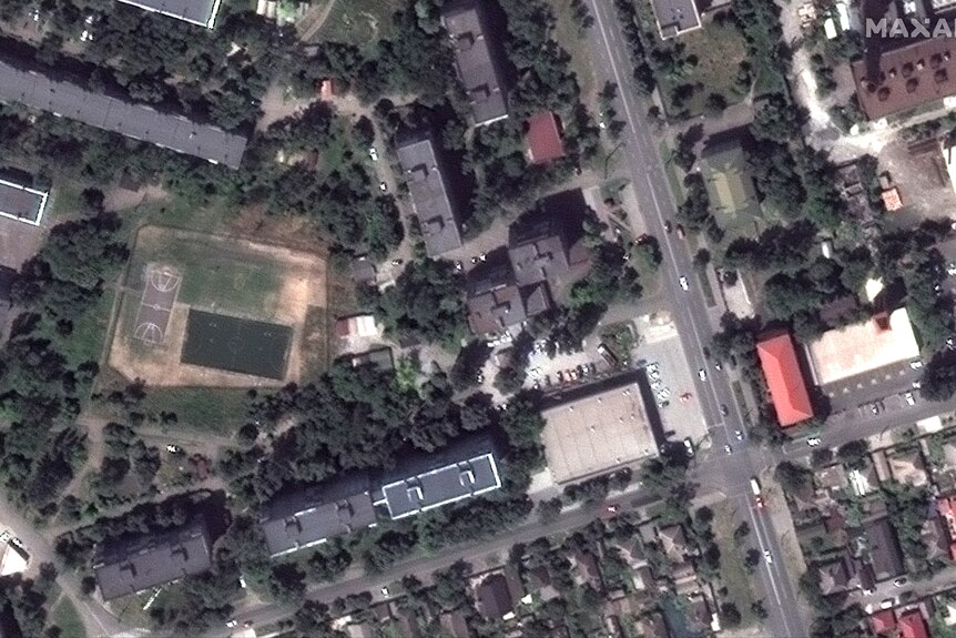 A satellite image of Mariupol apartment buildings before the invasion.