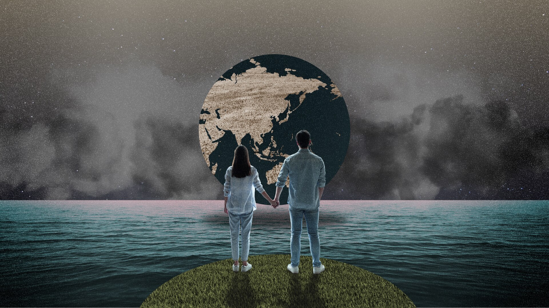 Graphic of a couple standing holding hands staring at the world.