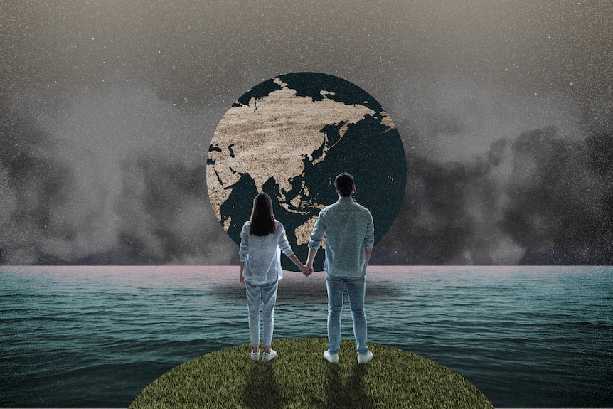 Graphic of a couple standing holding hands staring at the world.