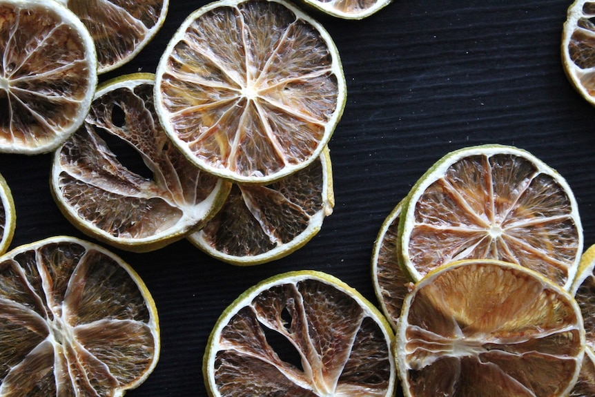 Sliced dehydrated citrus on a black background.