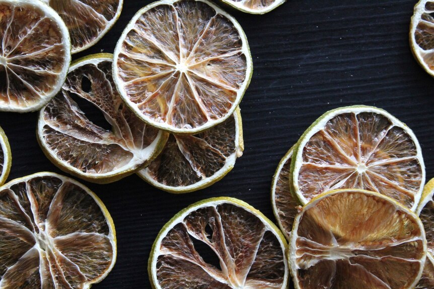 Sliced dehydrated citrus on a black background.