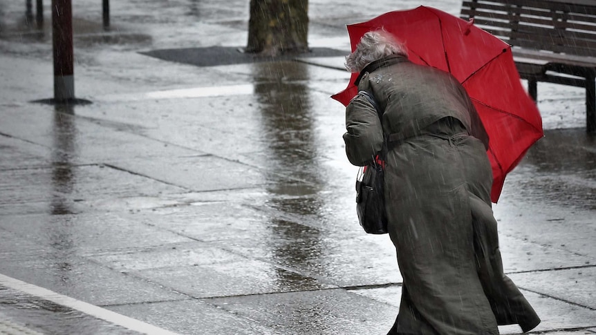 A woman walking in the rain with a red umbrella