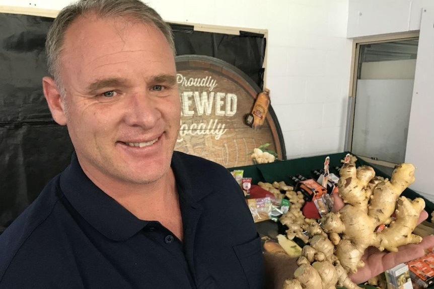 Jason Keating from the Queensland Department of Agriculture holds up a large piece of ginger.